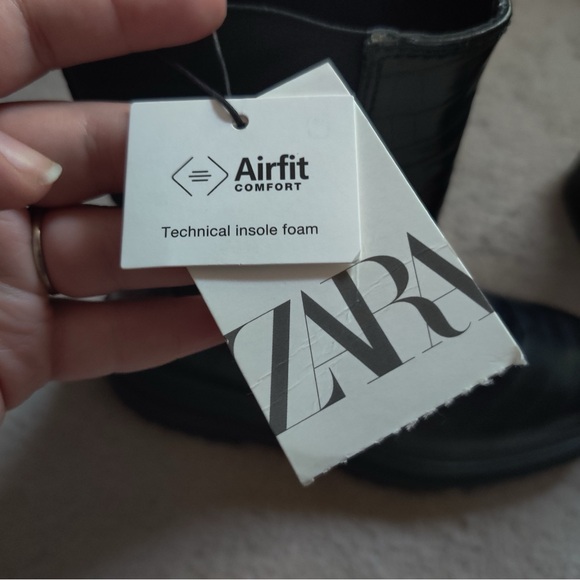 Zara Glossy Patent Black Croc Embossed Vegan Leather Combat Boots Slip On - Picture 7 of 9